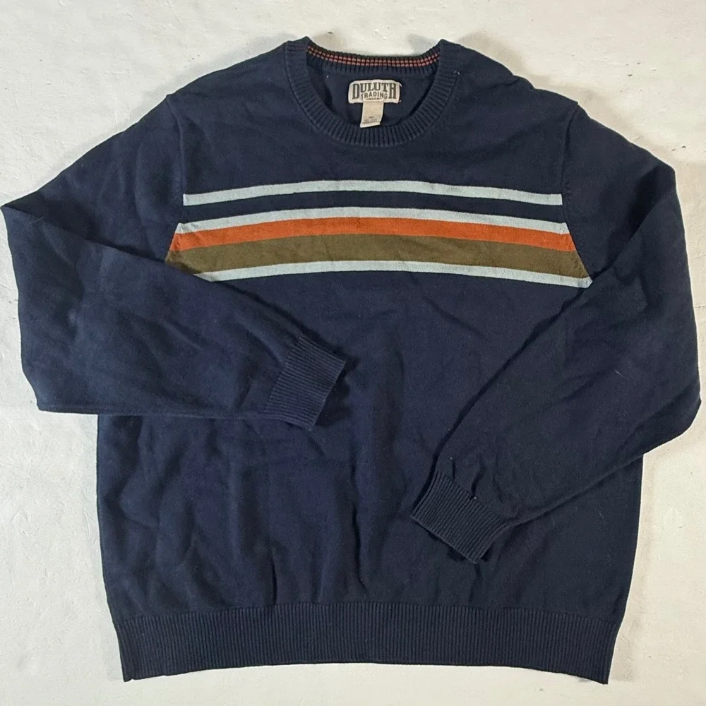 Duluth‎ Trading Co Crew Neck Sweater Mens 2XL Navy Striped Performance Sweater